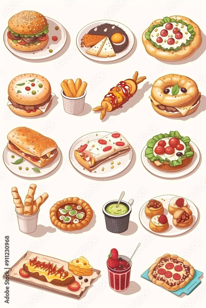 Delicious array of fast foods including burgers, pizzas, and salads displayed on plates Delicious array of fast foods including burgers, pizzas, and salads displayed on plates