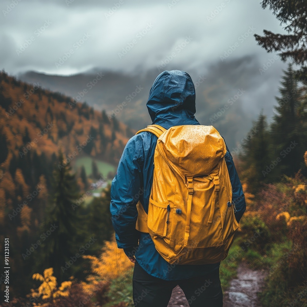 Man Hiking in Rainy Mountains with Backpack, Misty Forest Man Hiking in Rainy Mountains with Backpack, Misty Forest