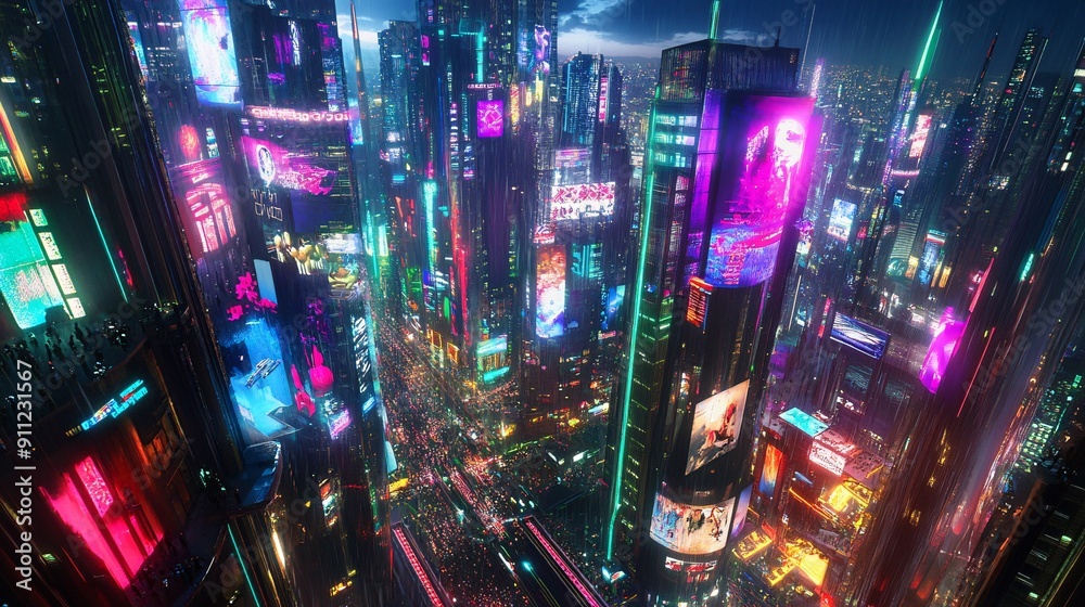 This neon-lit cityscape captures the essence of a futuristic metropolis. The skyline is dominated by skyscrapers, their surfaces covered in neon advertisements and holographic billboards. The streets This neon-lit cityscape captures the essence of a futuristic metropolis. The skyline is dominated by skyscrapers, their surfaces covered in neon advertisements and holographic billboards. The streets