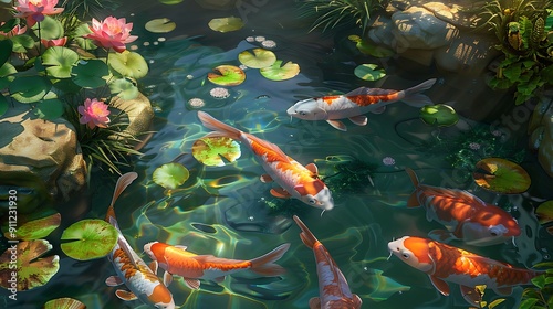 Vibrant koi fish swimming in clear pond with floating lily pads blooming lotus flowers for peaceful garden tranquility nature beauty aquatic scenery design concept. photo