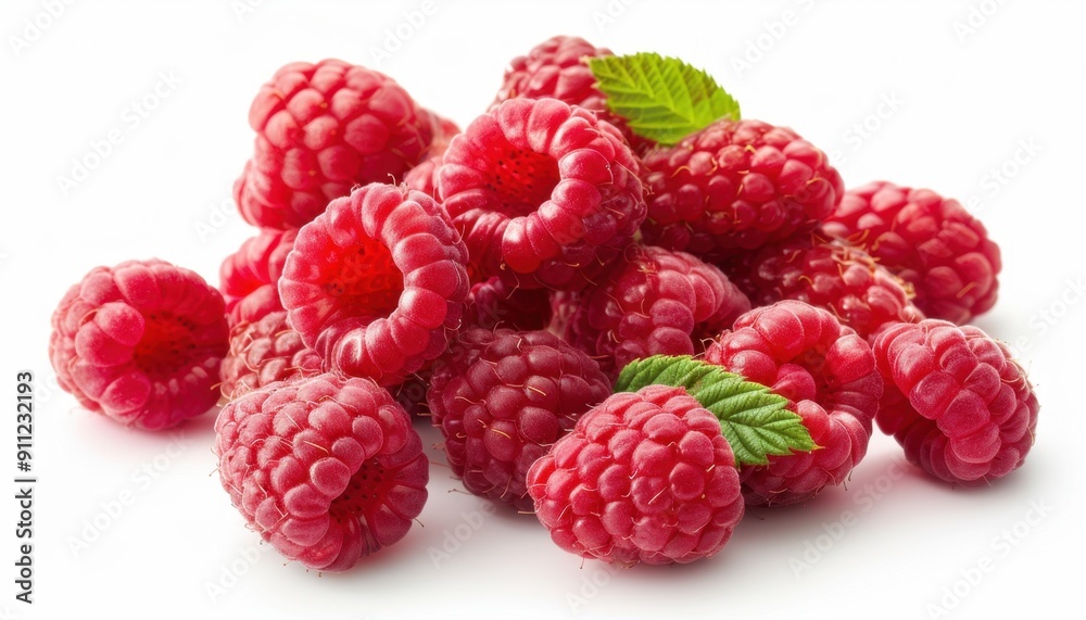 Fresh Raspberries Gathered Together on White Background With Green Leaves in Autumn Harvest Fresh Raspberries Gathered Together on White Background With Green Leaves in Autumn Harvest