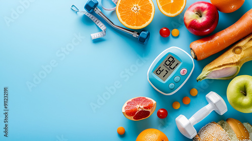 Glucometer with sugar level healthy food dumbbells and fresh fruits,copy space,blue background.