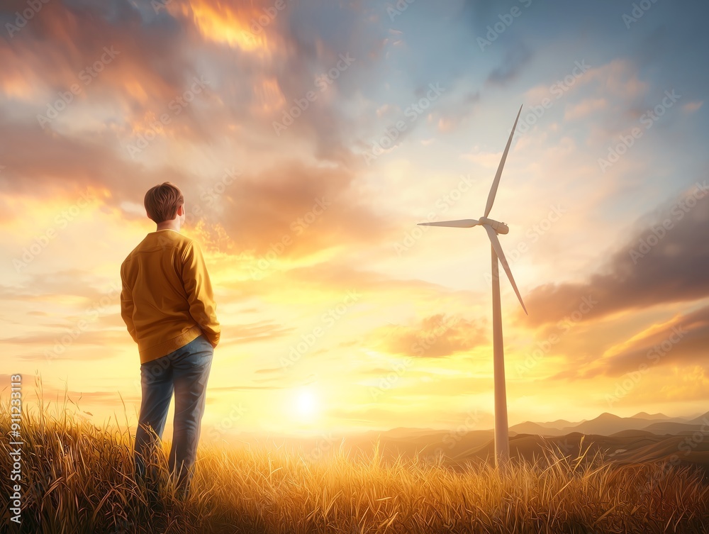 A Vision for a Greener Future: A lone figure stands silhouetted against a vibrant sunset, gazing towards a towering wind turbine, symbolizing hope and progress towards a sustainable future. The image A Vision for a Greener Future: A lone figure stands silhouetted against a vibrant sunset, gazing towards a towering wind turbine, symbolizing hope and progress towards a sustainable future. The image