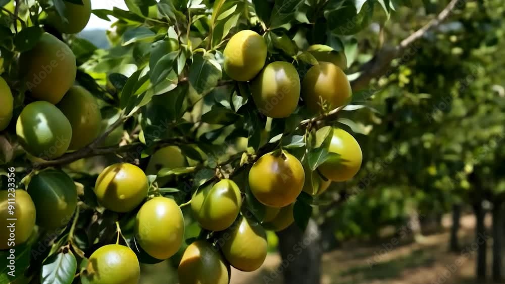 Olive branches are heavy with ripe green fruit against a vibrant backdrop of rolling hills under a clear sky Olive branches are heavy with ripe green fruit against a vibrant backdrop of rolling hills under a clear sky