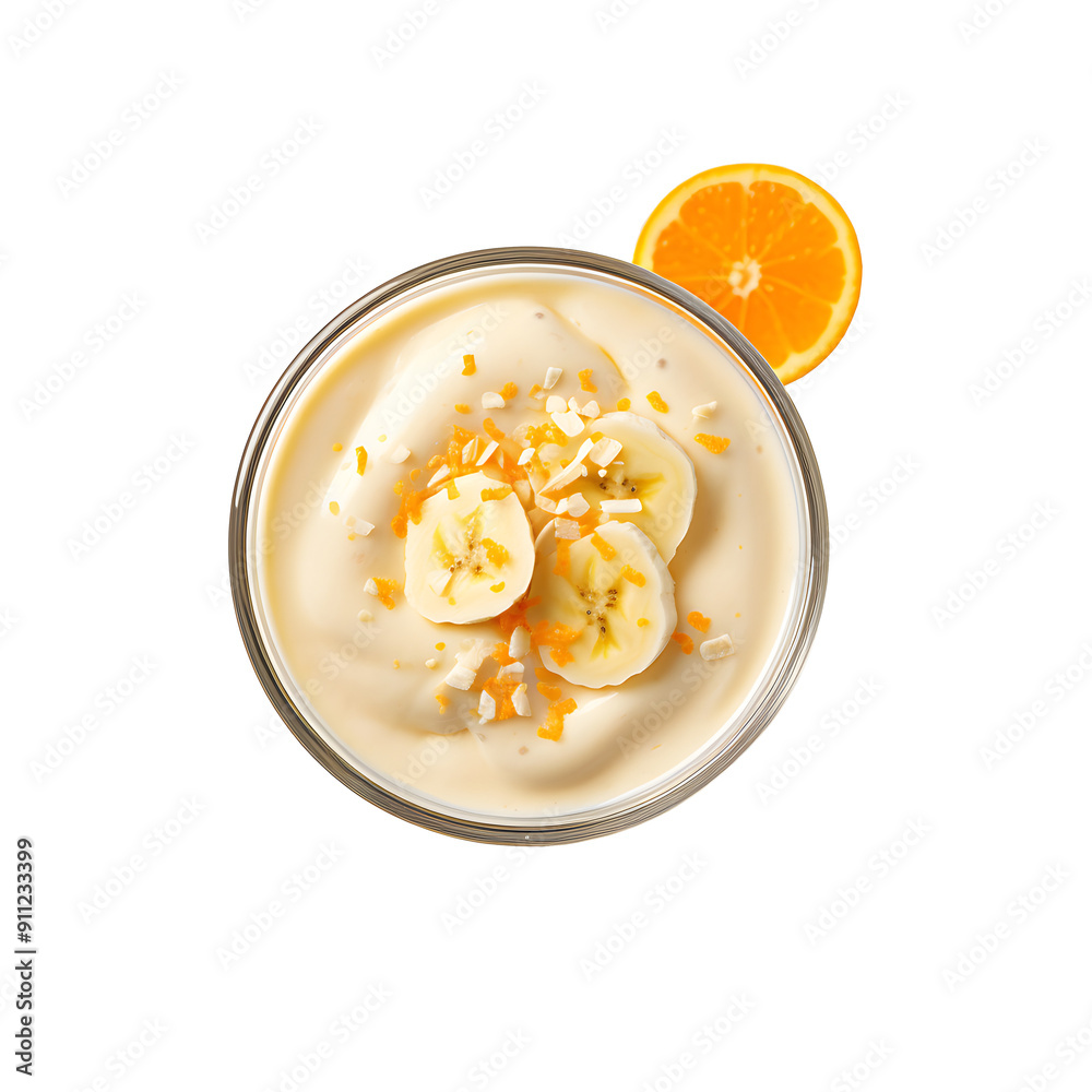 A glass of orange banana vanilla yogurt smoothie top view isolated on transparent background A glass of orange banana vanilla yogurt smoothie top view isolated on transparent background