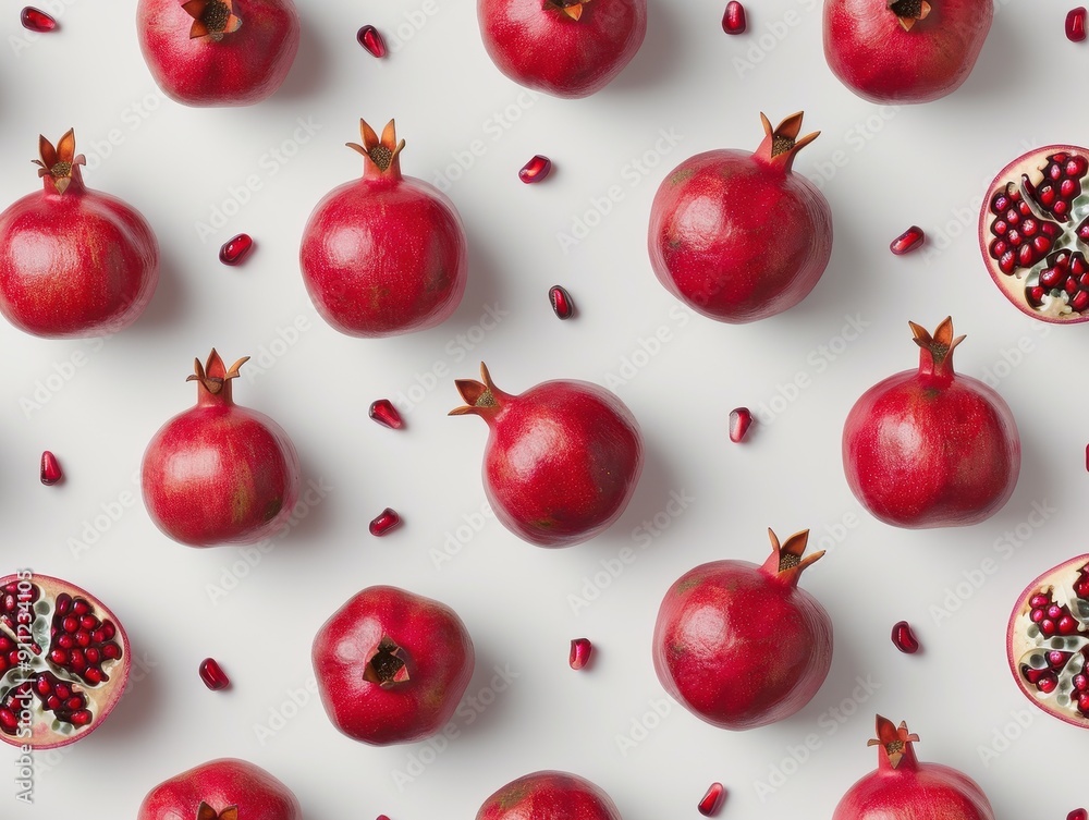 Fresh, vibrant pomegranates spread on a white background, showcasing their natural beauty and juicy texture.