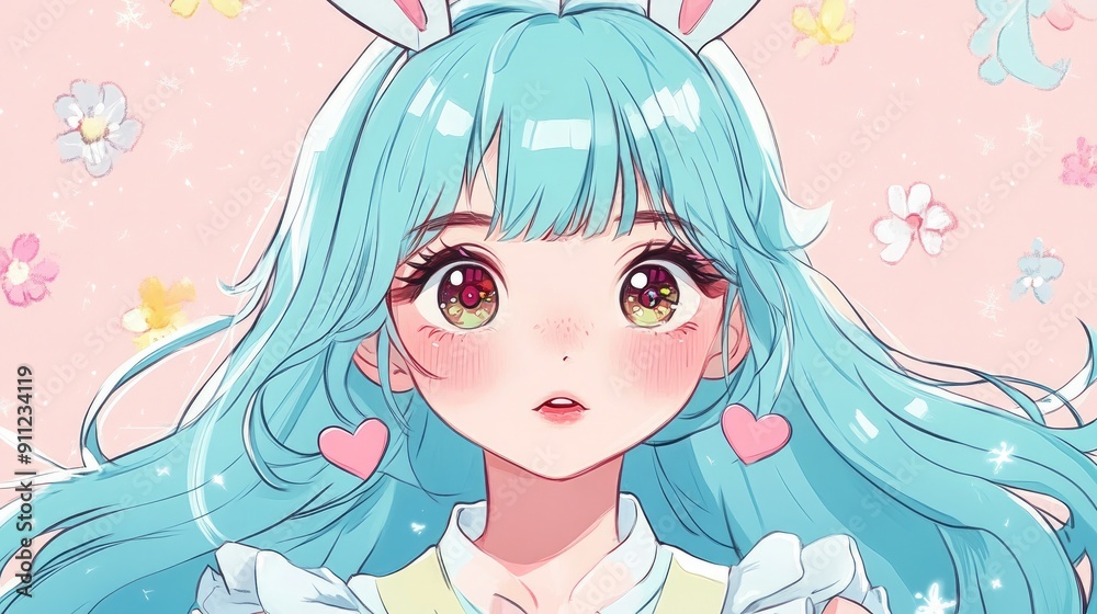Kawaii manga character with bunny ears and a cute outfit for prints Kawaii manga character with bunny ears and a cute outfit for prints