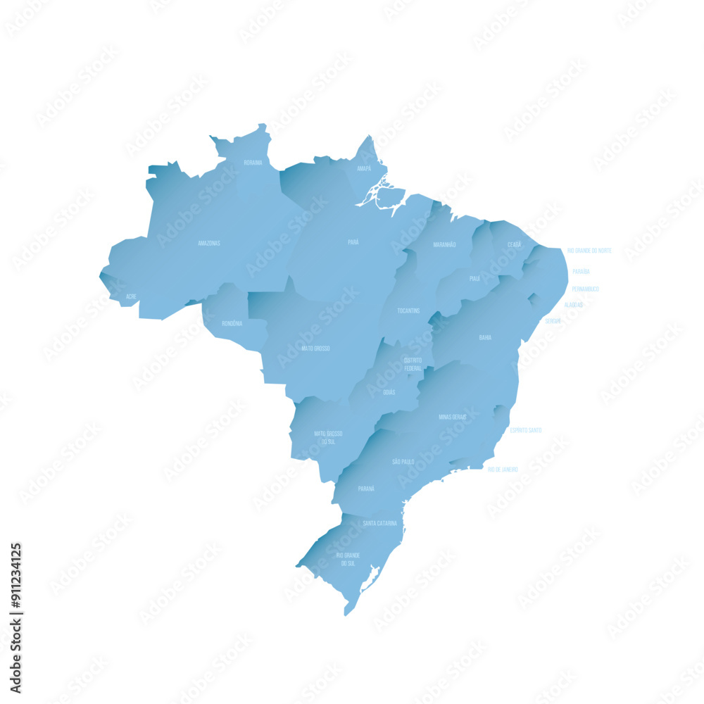 Brazil political map of administrative divisions - Federative units of Brazil. Shaded vector map with 3D-like blue gradient and name labels