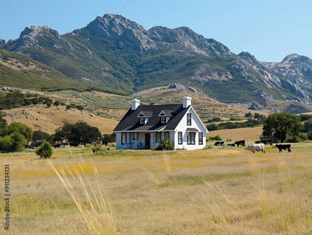 A small white house sits in a field with cows grazing in the background. The house is surrounded by a vast, open landscape with mountains in the distance. Concept of peace and tranquility A small white house sits in a field with cows grazing in the background. The house is surrounded by a vast, open landscape with mountains in the distance. Concept of peace and tranquility