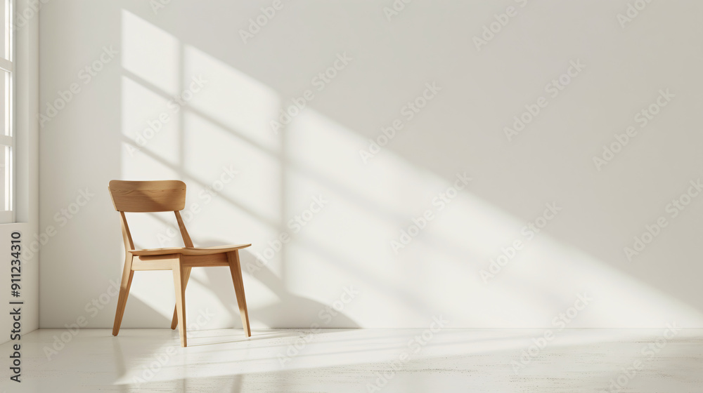 Fototapeta premium Simple white room with wooden chair and sunlight creating geometric shadows on the wall
