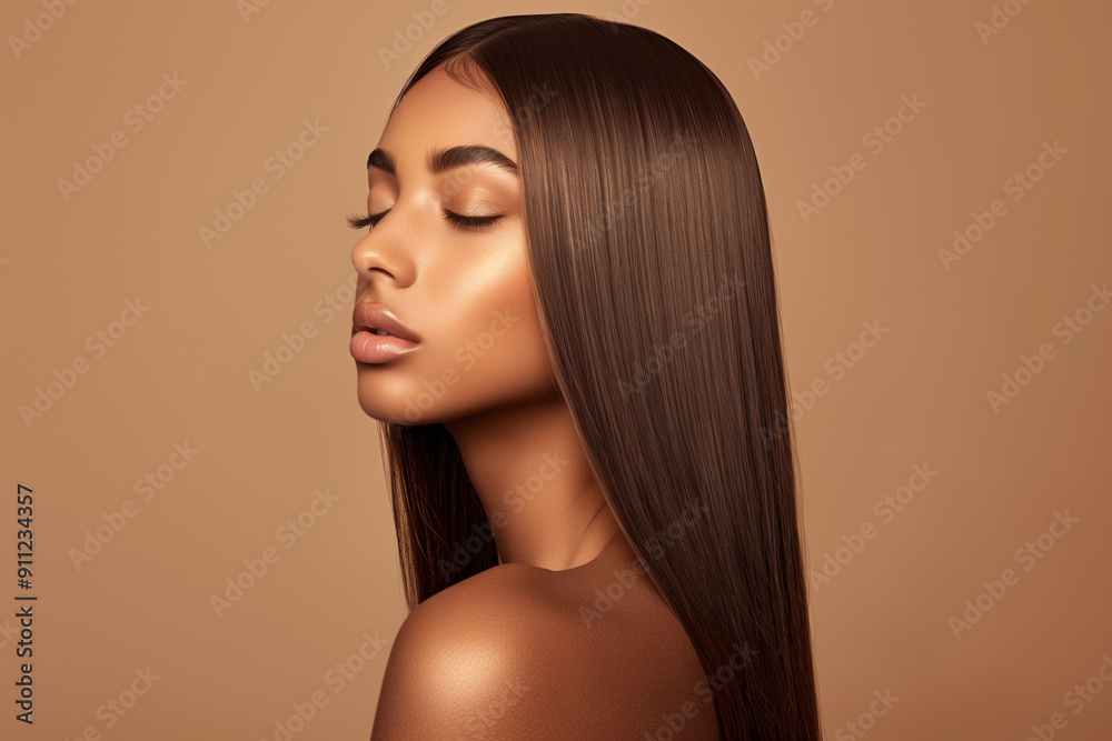Elegant portrait of a young woman with long sleek hair against a warm brown background Elegant portrait of a young woman with long sleek hair against a warm brown background
