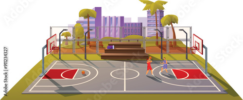 Two basketball players are practicing on an outdoor court, showcasing the dynamic world of street basketball