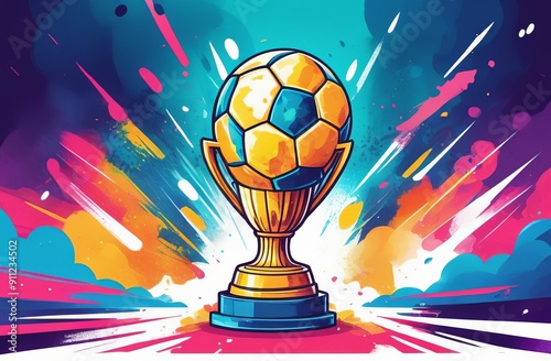 Soccer ball and golden cup. World championship cup, football match. Achieve and competition victory. Sport bet. Watercolor illustration for design banner, poster, card with copy space photo