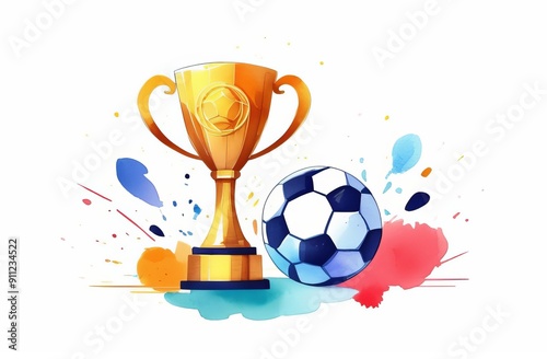 Soccer ball and golden cup. World championship cup, football match. Achieve and competition victory. Sport bet. Watercolor illustration for design banner, poster, card with copy space photo