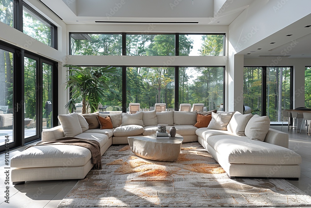 A large living room with a white couch and a coffee table A large living room with a white couch and a coffee table