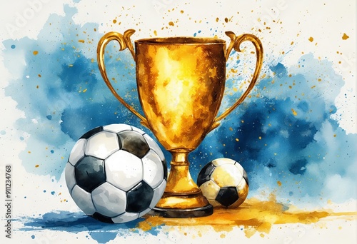 Soccer ball and golden cup. World championship cup, football match. Achieve and competition victory. Sport bet. Watercolor illustration for design banner, poster, card with copy space photo