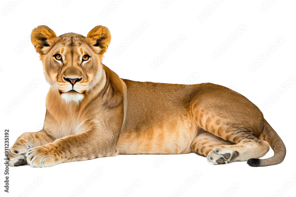 Obraz premium A serene and majestic lioness resting elegantly, showcasing her powerful build and stunning features in natural light.