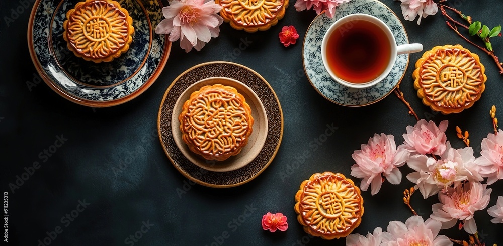 Moon cakes at mid autumn festival. Background food and drink tea and Mooncakes Moon cakes at mid autumn festival. Background food and drink tea and Mooncakes