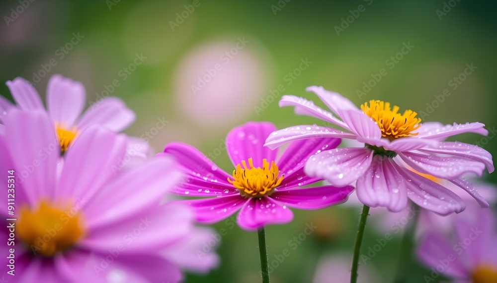 Pink Cosmos Flowers with Water Droplets Pink Cosmos Flowers with Water Droplets