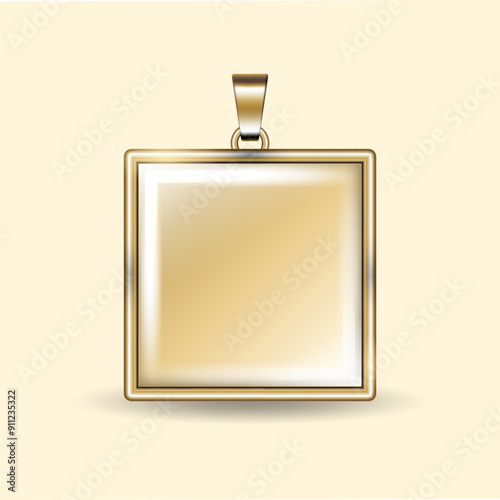 Golden square locket pendant with clear glass dome mockup. Gold square necklace resin pendant. Gold glass ball ornament. Realistic vector illustration.