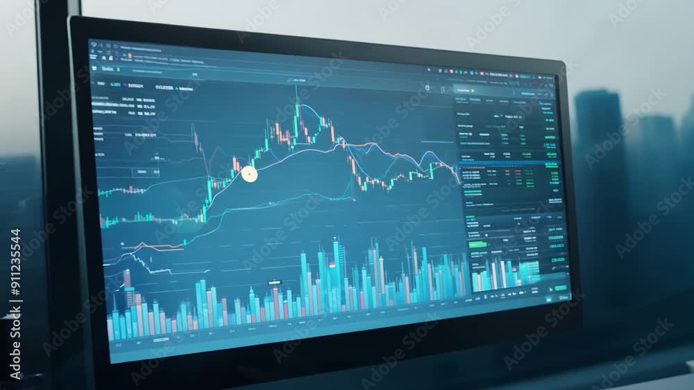 A person analyzes financial market data with charts and indicators visible on a computer screen in a bright office setting
