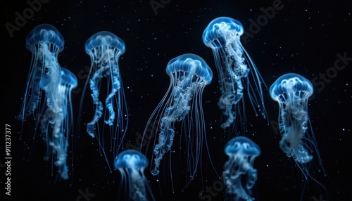 A School of Blue Jellyfish Swimming Gracefully in Dark Ocean Waters at Night