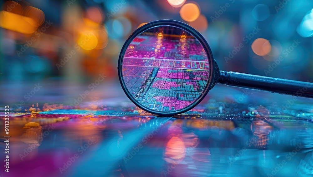 A magnifying glass lies on a wet surface, reflecting the vibrant city lights. A magnifying glass lies on a wet surface, reflecting the vibrant city lights.