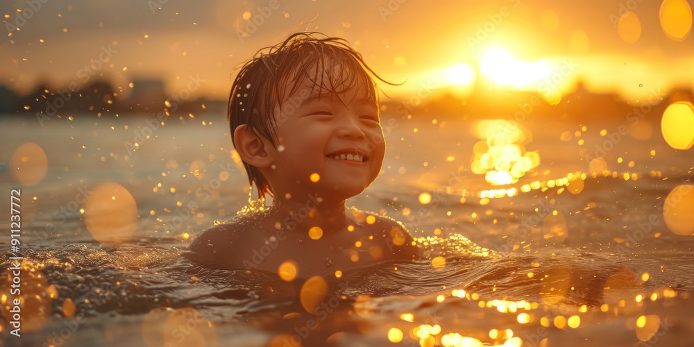 Happy asian child enjoys playful swim in ocean at sunset, surrounded by warm golden light and splashing water, evoking carefree joy and wonder of childhood Happy asian child enjoys playful swim in ocean at sunset, surrounded by warm golden light and splashing water, evoking carefree joy and wonder of childhood