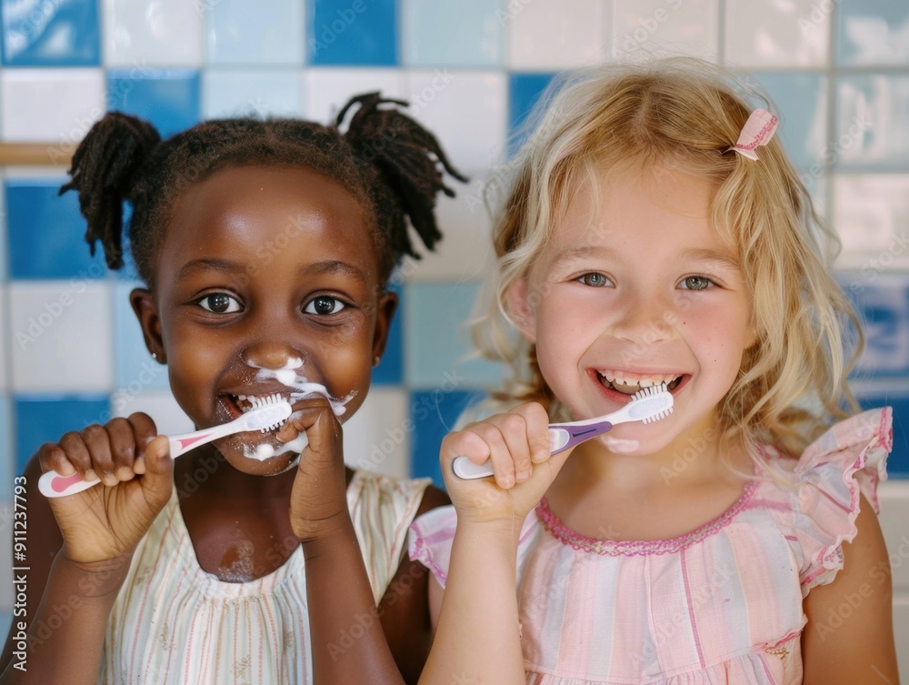 Black and Caucasian Girls Brushing Their Teeth Together in a Bright Bathroom Smiling Joyfully at Morning Routine Black and Caucasian Girls Brushing Their Teeth Together in a Bright Bathroom Smiling Joyfully at Morning Routine