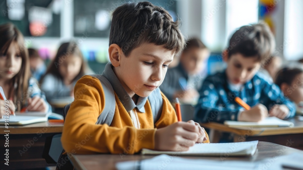 Happy schoolboy writing test during class in the classroom. with other students behind her, writing in a notebook and holding pencils. Happy schoolboy writing test during class in the classroom. with other students behind her, writing in a notebook and holding pencils.