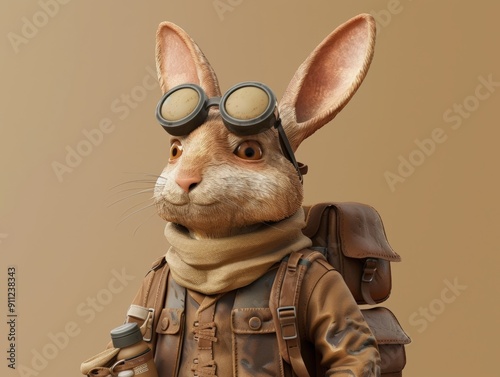 The Adventurous Hare: A charming, 3D rendered rabbit, outfitted in explorer garb and goggles, embarks on a whimsical journey. 