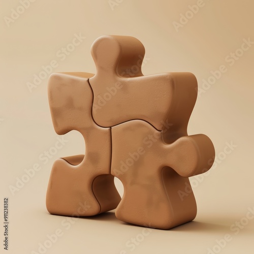 Abstract Puzzle Piece: A 3D rendering of a single puzzle piece, rendered in a warm, earthy tone, against a soft beige background, completion, connection photo