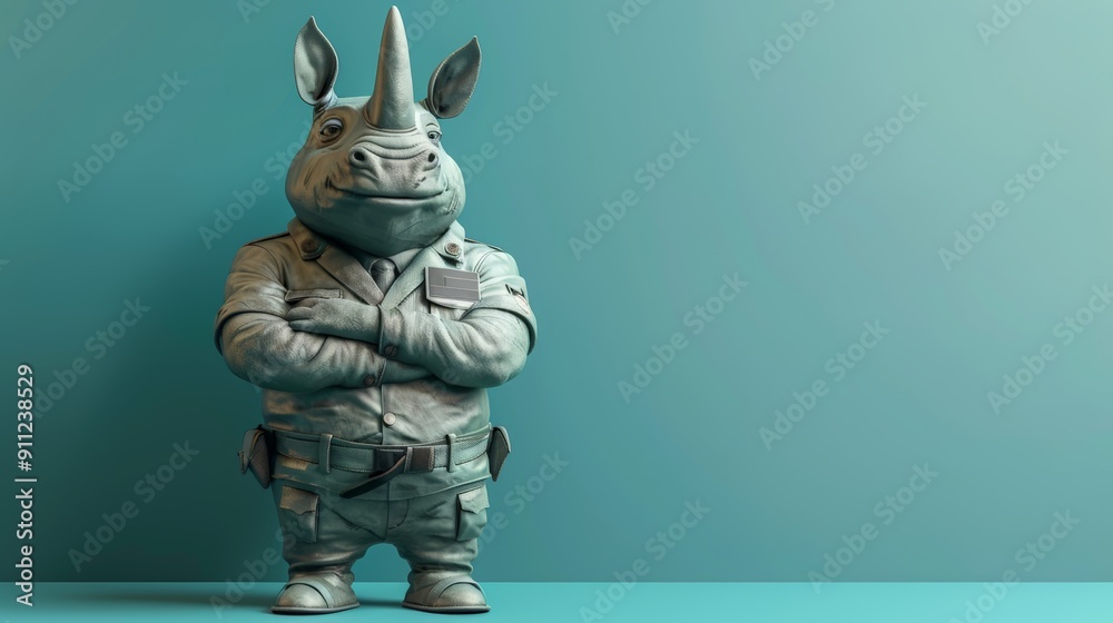 Rhino Officer: A 3D rendered of a rhino dressed as a police officer, standing confidently with arms crossed, against a soft blue background, copy space for text