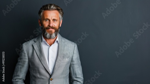 A man with a beard and a light gray suit, standing against a dark background, ready for a professional headshot