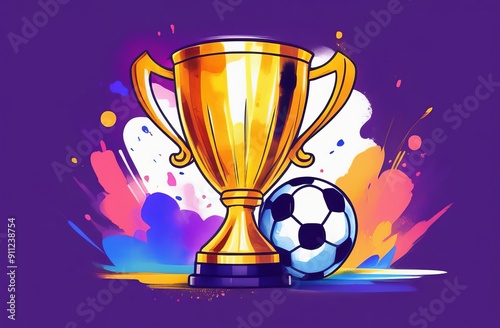 Soccer ball and golden cup. World championship cup, football match. Achieve and competition victory. Sport bet. Watercolor illustration for design banner, poster, card with copy space photo