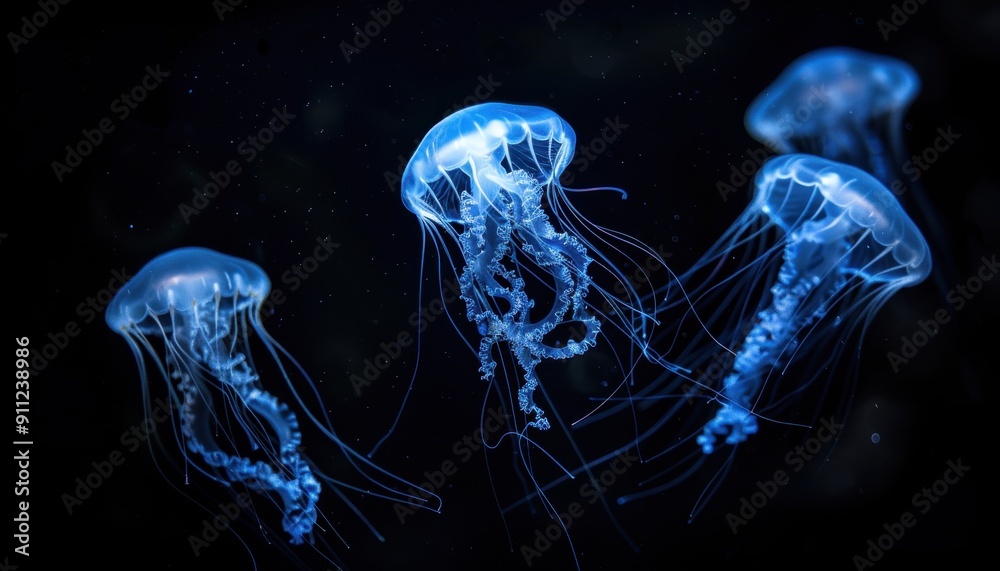 Graceful Jellyfish Gliding Through Dark Waters in a Vibrant Underwater Environment Graceful Jellyfish Gliding Through Dark Waters in a Vibrant Underwater Environment