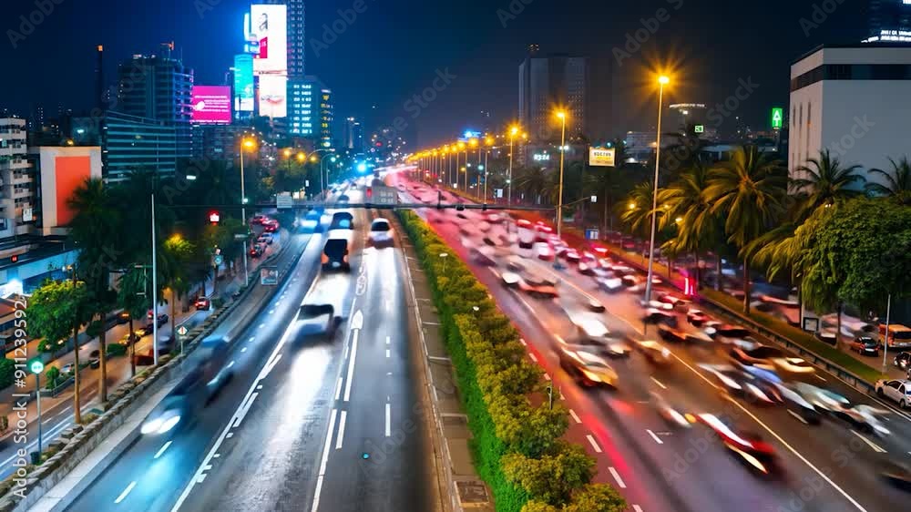 A vibrant city highway is filled with cars, illuminated by streetlights and the glow of nearby buildings at night