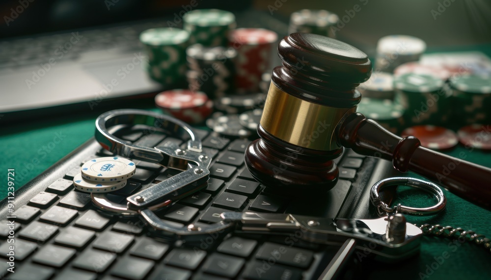 Law And Gambling Conflict Examined Through Gavel, Handcuffs, And Casino Chips On Keyboard Law And Gambling Conflict Examined Through Gavel, Handcuffs, And Casino Chips On Keyboard