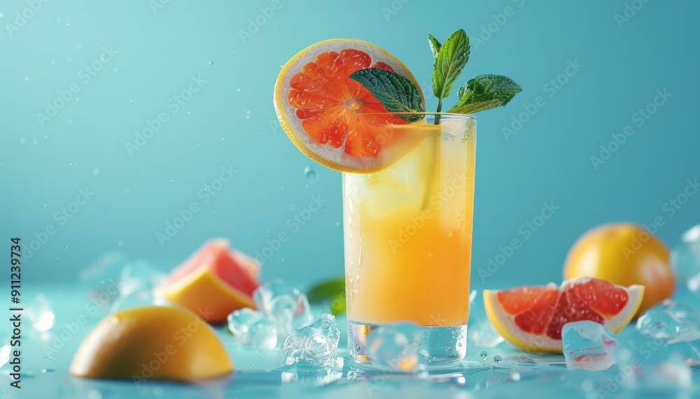 Refreshing Citrus Beverage With Ice Cubes and Fresh Mint Leaves on Blue Background Refreshing Citrus Beverage With Ice Cubes and Fresh Mint Leaves on Blue Background