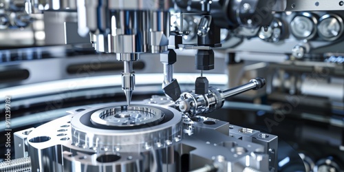 Precision Machining: Close-up of a gleaming metal part being meticulously worked on by a high-precision machine, showcasing the intricate details and advanced technology of modern manufacturing.  photo