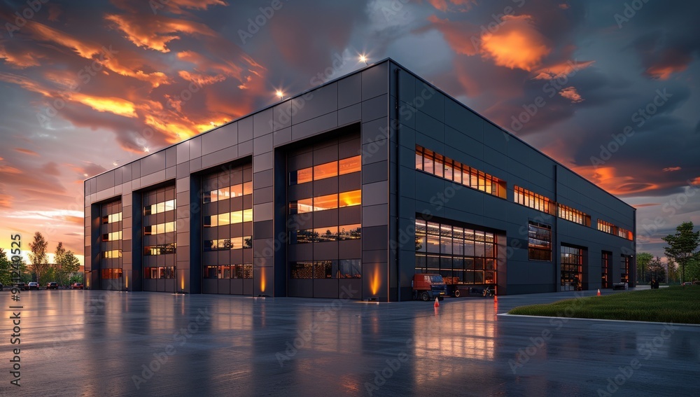 3D rendering of a modern warehouse exterior with a gray metal wall. 3D rendering of a modern warehouse exterior with a gray metal wall.
