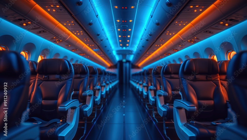 Empty airplane seats with blue and orange lights illuminating the cabin. Empty airplane seats with blue and orange lights illuminating the cabin.