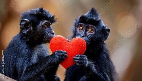 Two Monkeys Holding Heart-Shaped Symbol of Love in Natural Habitat During Daylight photo