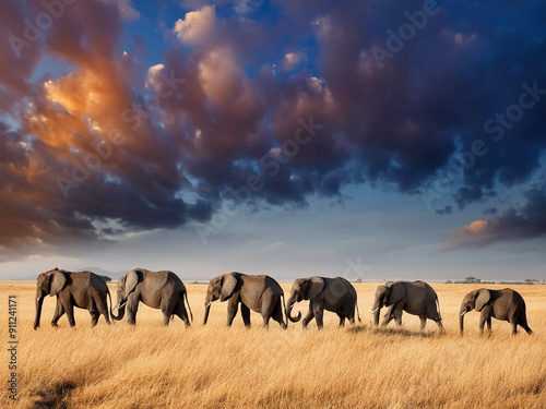 a group of elephants in the savannah with storm clouds in the sky