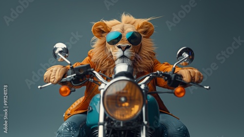 Lion on a motorcycle . Generative AI photo