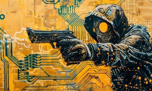 Cyberpunk Gunman in Digital Wasteland, Artificial Intelligence, Wallpaper, Yellow theme