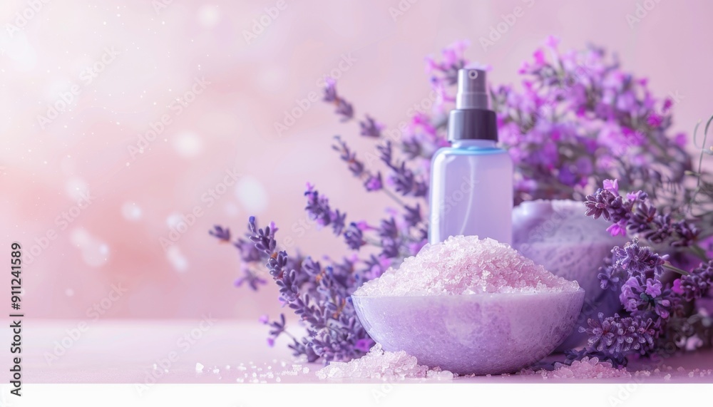 Elegant Lavender Spa Display With Essential Oil and Sea Salt On a Soft Pink Background Elegant Lavender Spa Display With Essential Oil and Sea Salt On a Soft Pink Background