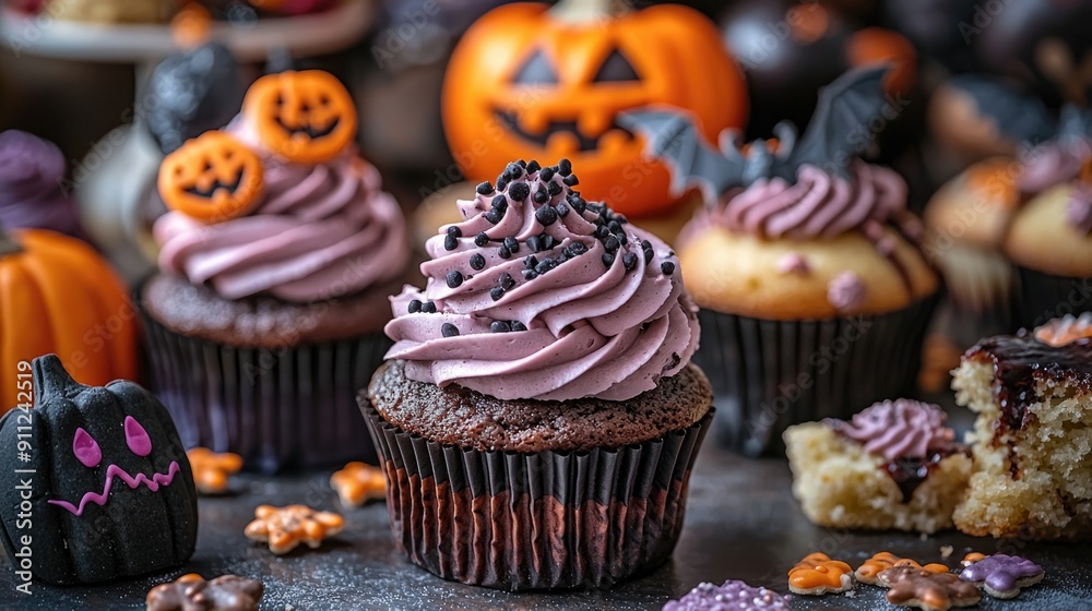 Spooky Halloween Treats Close-up: Cupcakes, Cookies, Candy on Table for Trick-or-Treating Delights