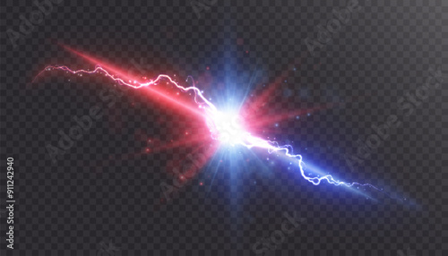 Light energy explosion effect when colliding with lightning and flashes. Light background. Vector