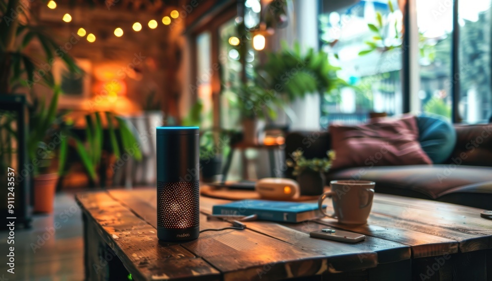 Cozy Indoor Living Space With Smart Speaker, Coffee Cup, and Warm Lighting in the Afternoon Cozy Indoor Living Space With Smart Speaker, Coffee Cup, and Warm Lighting in the Afternoon